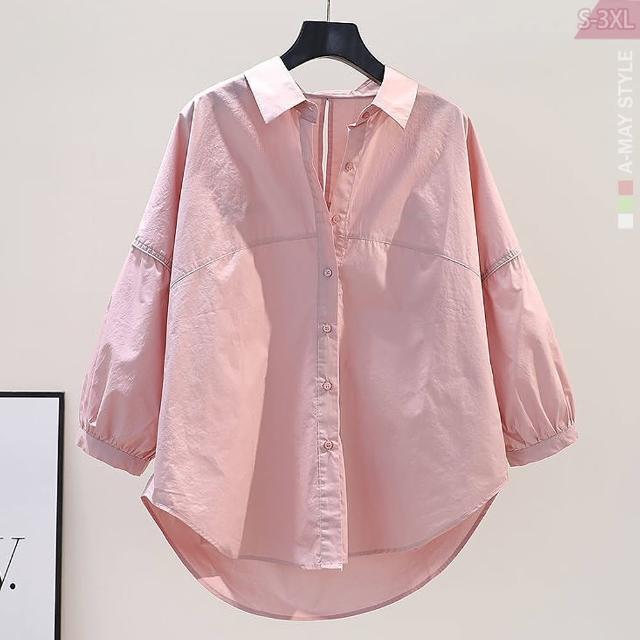 【Amay Style 艾美時尚】中大尺碼女裝 上衣 日韓小清新挖背造型七分袖襯衫。S-3XL(3色.預購)
