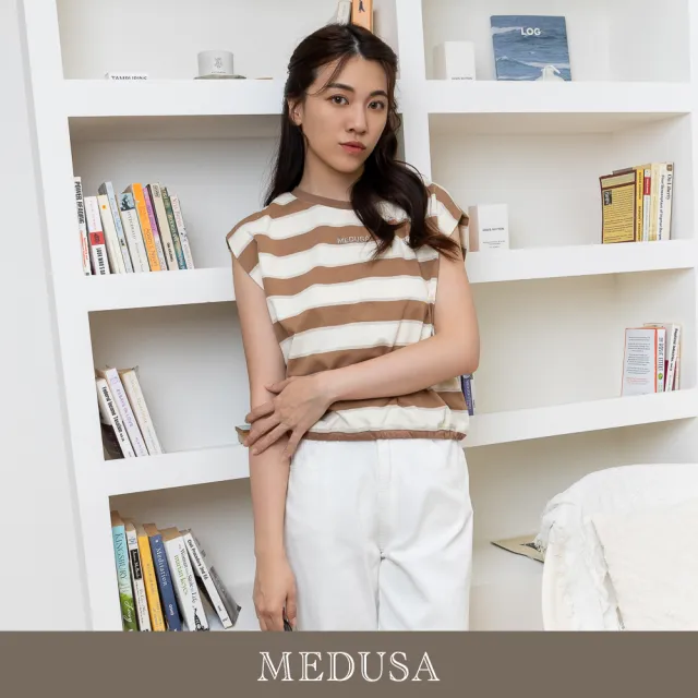 【MEDUSA 曼度莎】現貨-橫紋休閒闊肩後滾邊T恤 - 2色（M-XL）｜女休閒上衣 無袖T恤(305-58201)