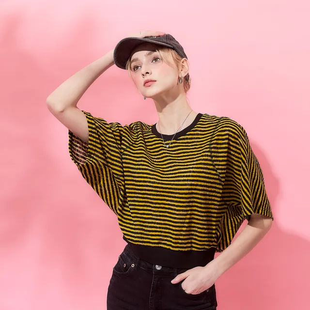 【ICHE 衣哲】Cop.Copine 法式時尚休閒條紋落肩五分連袖百搭造型上衣