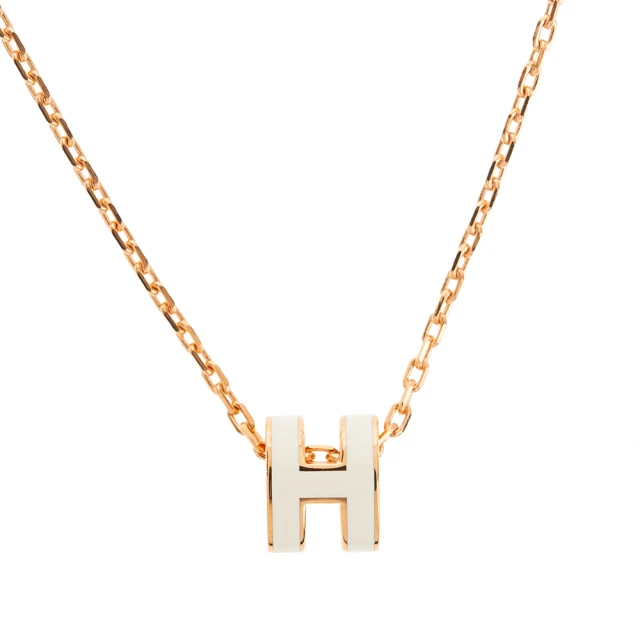 Hermes 愛馬仕 經典Mini Pop H pendant 立體橢圓簍空項鍊(白色/玫瑰金鍊)