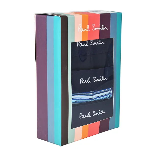 【Paul Smith】PAUL SMITH刺繡LOGO低腰棉質混紡平角內褲三件裝(男款/海軍藍x藍色條紋)