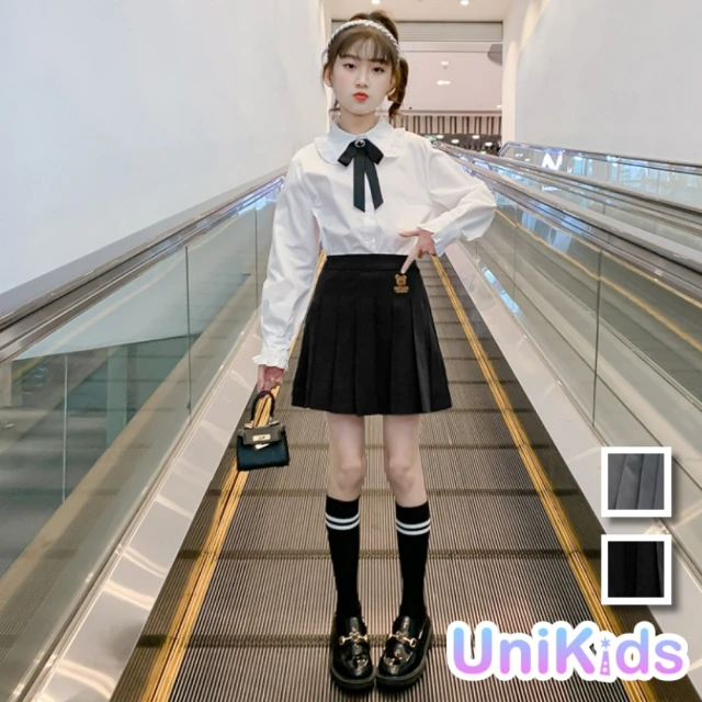 UniKids 中大童裝2件套裝長袖襯衫百褶裙 JK學院風 女大童裝 CVYD119256(黑套 灰套)