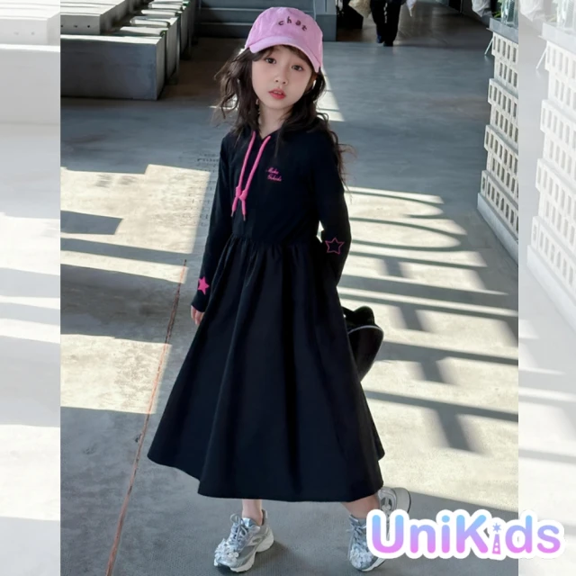 UniKids 中大童裝連帽長袖洋裝 個性收腰連身裙 女大童裝 CV129(黑)