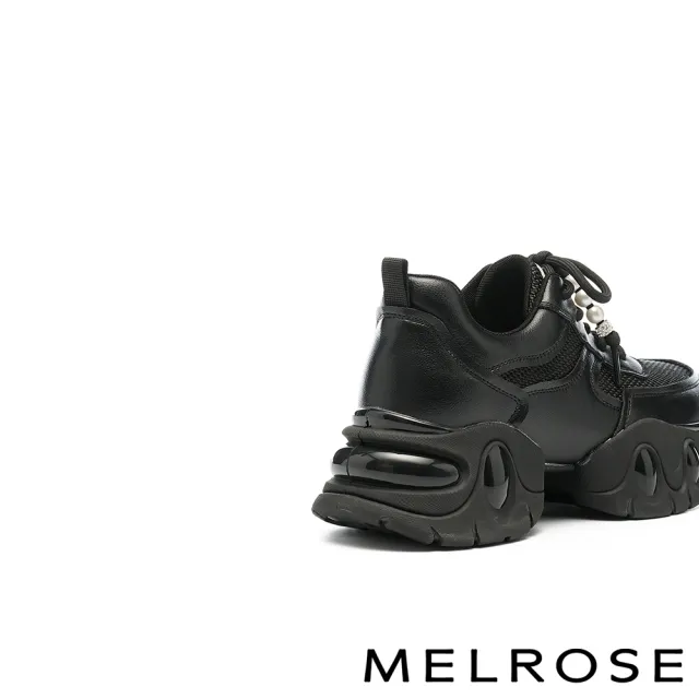 【MELROSE】雙11 美樂斯 率性甜酷珍珠鑽釦網布拼接牛皮厚底休閒鞋(黑)