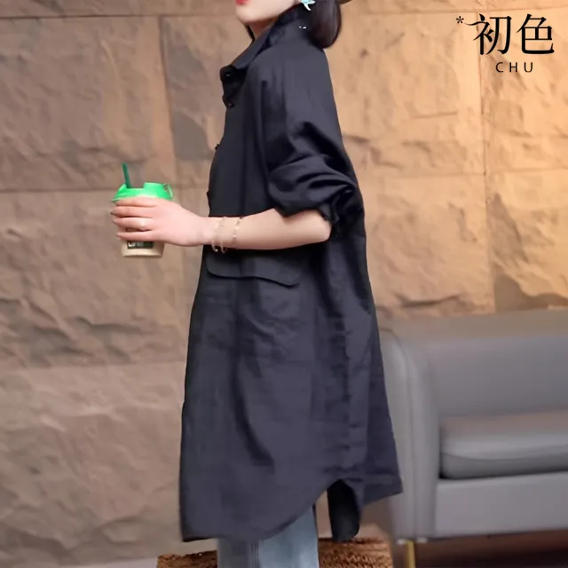 【初色】復古港風簡約寬鬆中長款單排扣襯衫外套女外套-共2色-36936(M-2XL可選)