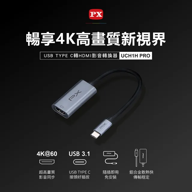 【PX 大通-】2年保固超輕巧4K Type C轉接HDMI hub集線器USB-C 3.1 影音轉接器手機筆電 to HDMI(UCH1H-PRO)