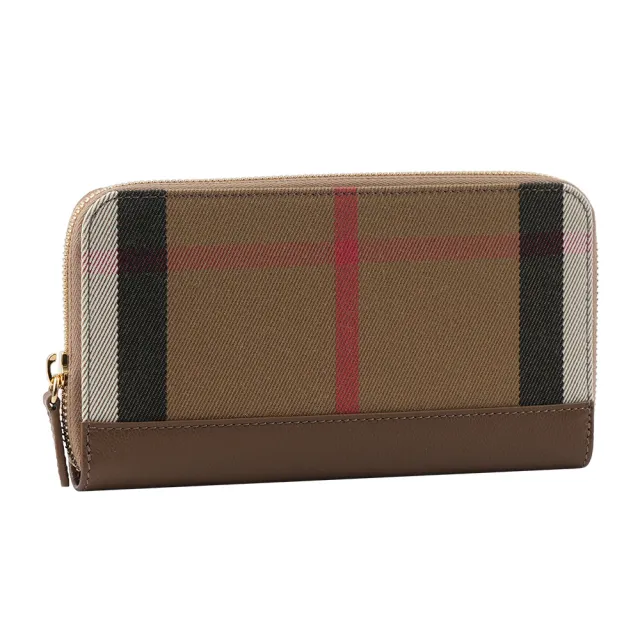 【BURBERRY 巴寶莉】格紋拼皮革ㄇ型拉鍊長夾(土棕色)