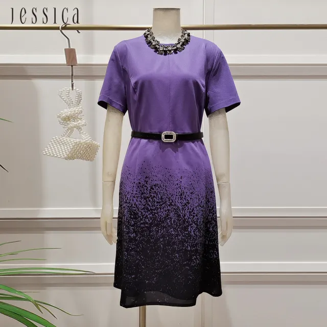 【JESSICA】復古紫羅蘭色收腰拼色短袖洋裝243742