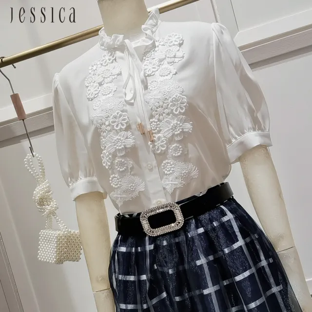 【JESSICA】柔順醋纖繡花木耳邊領短袖雪紡襯衫243315
