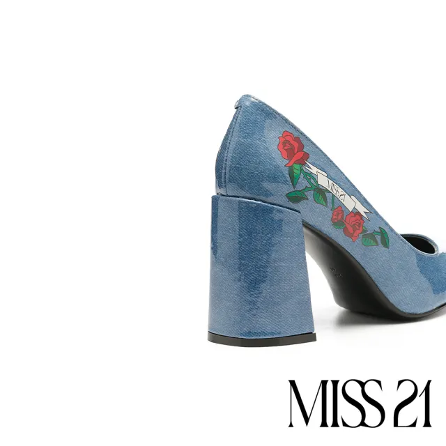 【MISS 21】叛逆搖滾少女丹寧玫瑰花LOGO全真皮尖頭高跟鞋(藍)
