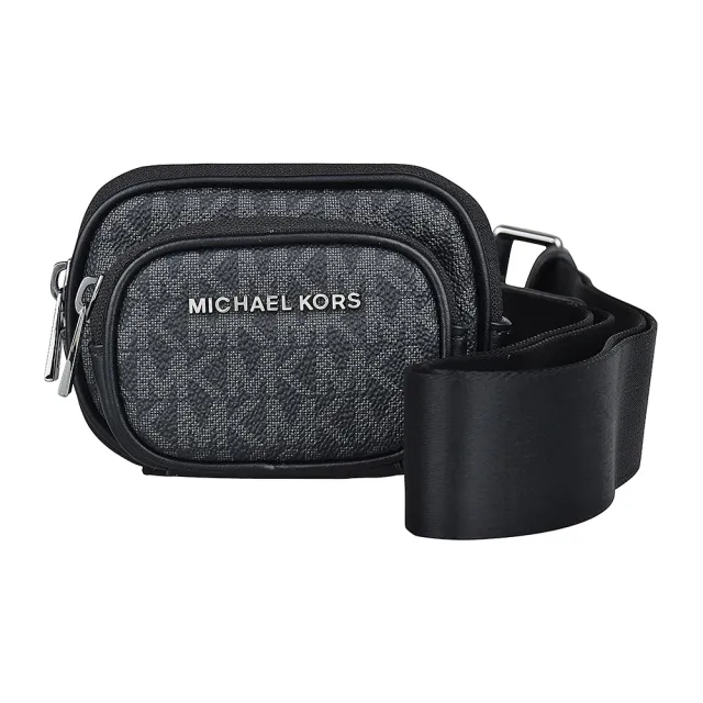 【Michael Kors】MK MICHAEL KORS LOGO拉鍊PVC滿版印花斜背相機包(迷你/黑)