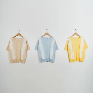 【CUMAR】花邊拼接落肩式短袖針織上衣(藍 杏 黃/魅力商品)