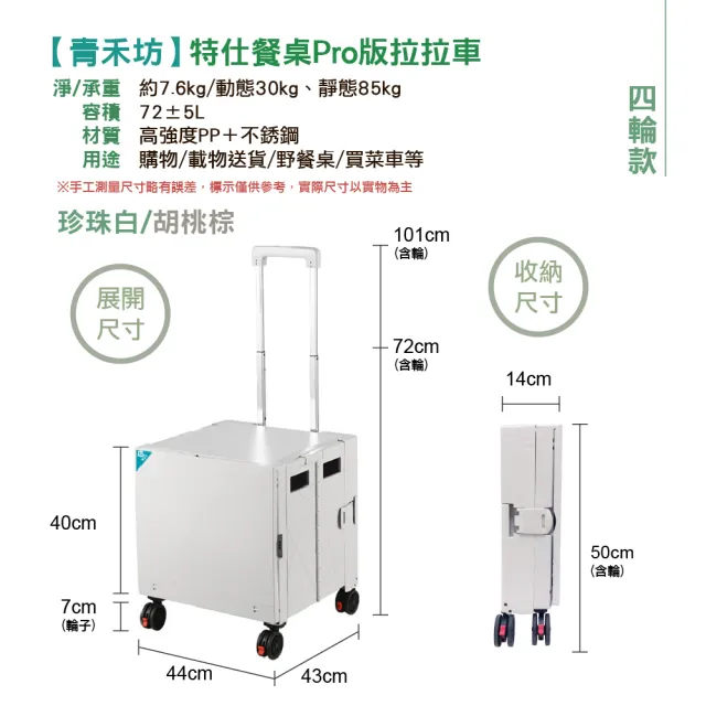 【青禾坊】特仕餐桌Pro版拉拉車-四輪款(折疊購物車/手推車/露營車/爬梯車)