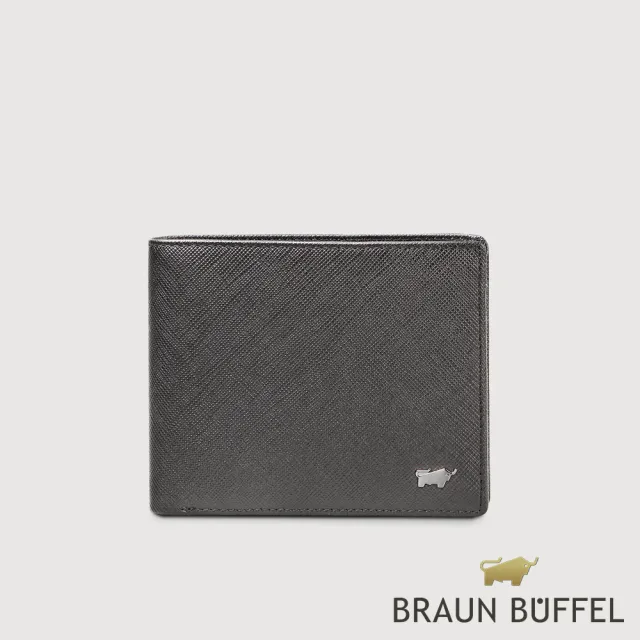 【BRAUN BUFFEL 德國小金牛】台灣總代理 尚恩A 8卡中間翻零錢袋短夾-黑色(BF354-318-BK)