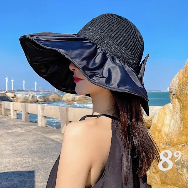 【89 zone】法式蝴蝶結蕾絲 草帽 大簷帽 沙灘帽 太陽帽 漁夫帽(黃/卡其/黑)