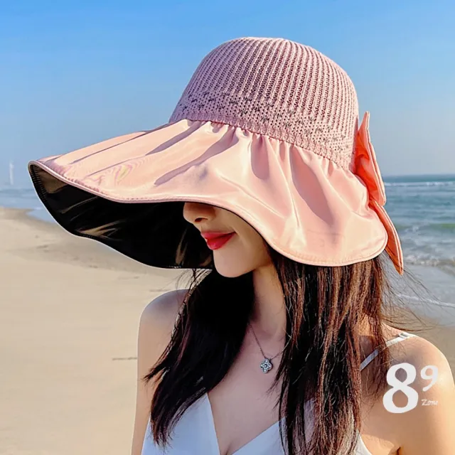 【89 zone】法式蝴蝶結蕾絲 草帽 大簷帽 沙灘帽 太陽帽 漁夫帽(黃/卡其/黑)