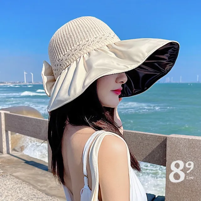 【89 zone】法式蝴蝶結蕾絲 草帽 大簷帽 沙灘帽 太陽帽 漁夫帽(黃/卡其/黑)