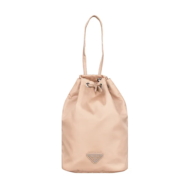 【PRADA 普拉達】PRADA三角銀牌LOGO束口尼龍手提化妝包(米)