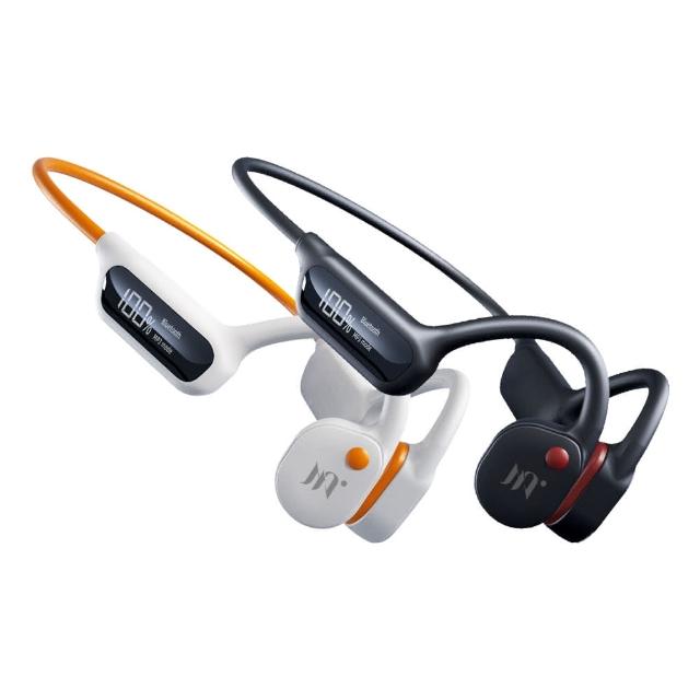 Miuzic沐音 OPENEAR DUET OD5 真骨傳導耳機，支援運動游泳使用，具備LED顯示功能，可顯示電量與播放模式。記憶體32G，無需連線即可聆聽12小時，免磁吸設計，適合口相機與穿戴使用。提供武士黑與旭日橘兩種顏色選擇，感度-40dB，麥克風頻率響應20Hz—20KHz，適用Windows、MAC、Android、iOS作業系統，產地中國，符合BSMI與NCC許可。