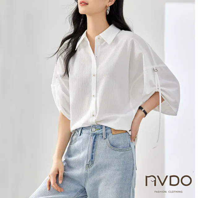 【NVDO】現貨 清涼感飄柔設計感顯瘦上衣-2款可選(M-2XL/五分袖絲質上衣/F128)