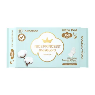 【全棉時代Purcotton】100%純棉超淨吸夜用加長型衛生棉 36公分  奈絲公主系列(8入)