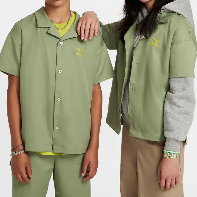 【NIKE 耐吉】K SB DF BWLNG SHIRT 童裝 大童 綠色 古巴領 休閒 短袖 襯衫 FV0406-386