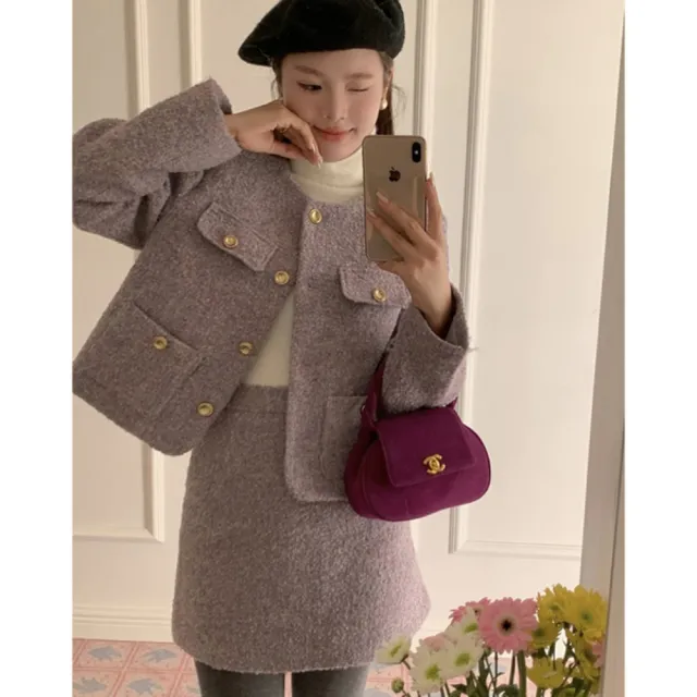 【baibeauty 白鳥麗子】優雅毛呢排釦短版大衣外套+高腰後拉鍊短裙(兩件式套裝)