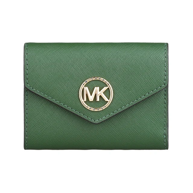 Michael Kors MK MICHAEL KORS Carmen金字圓標LOGO防刮牛皮4卡扣式零錢短夾(亞馬遜綠)