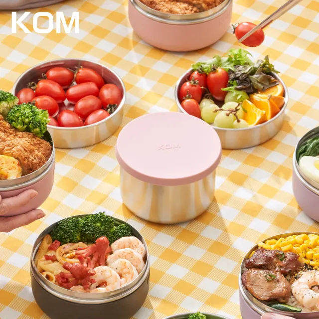 【KOM】一器盒成｜可微波不鏽鋼便當盒1入另贈便當袋+黏扣布(飯碗/湯碗/菜盤/湯匙/隔熱套)