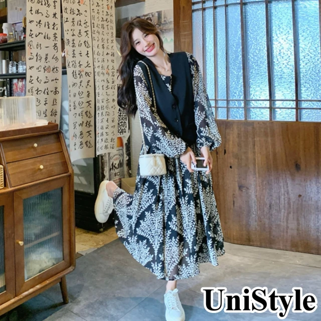 UniStyle 2件套裝PU皮背心碎花長袖洋裝 韓系顯瘦連身裙 女 ZM126-9010(黑)