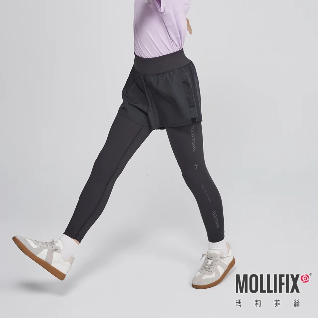 Mollifix 瑪莉菲絲 拼網透氣雙層訓練褲_KIDS、訓練褲、瑜珈服、Legging(黑)