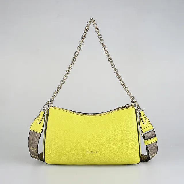 【FURLA 芙拉】FURLA Primula經典立體金字拱形LOGO荔枝紋牛皮拉鍊肩背斜背包(迷你/明黃)