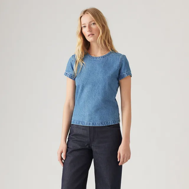 【LEVIS】Wellthread 環境友善系列 女款丹寧牛仔合身短袖Tee恤 上衣 熱賣單品 A9187-0000