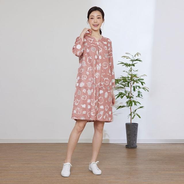 【YVONNE 以旺傢飾】出清品 雙層棉植物印花小V領長袖洋裝-薔薇粉