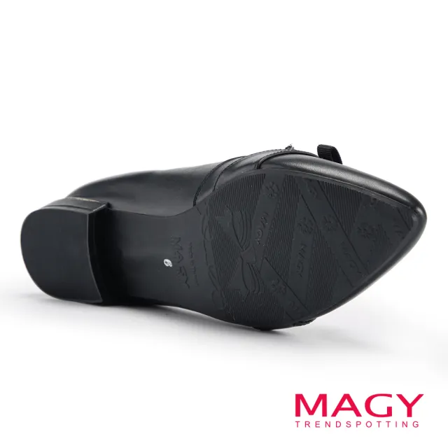 【MAGY】復古毛呢拼接牛皮尖頭樂福平底鞋(黑色)