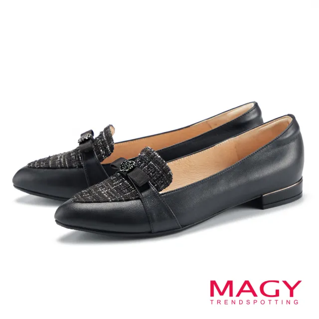 【MAGY】復古毛呢拼接牛皮尖頭樂福平底鞋(黑色)