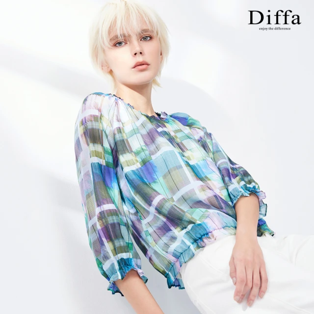 Diffa 精緻藍綠格拉克蘭袖設計上衣-女