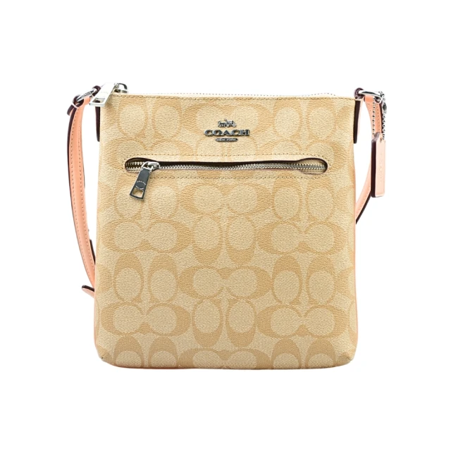 COACH MINI ROWAN LOGO PVC金屬馬車LOGO方扁斜背包(卡其C粉膚邊/小款)