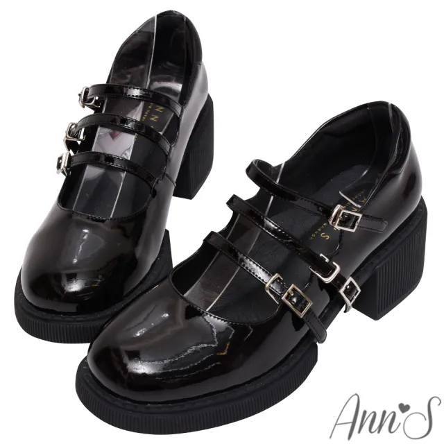 【Ann’S】小眾變大眾-時髦漆皮三條細帶厚底圓頭瑪莉珍樂福鞋6cm(漆皮黑)