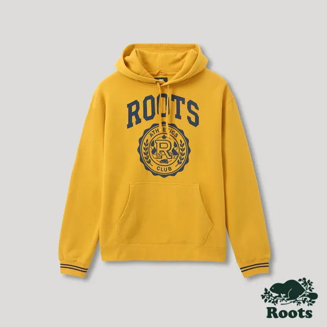 【Roots】Roots 男裝- 運動派對系列 學院徽章刷毛布連帽上衣(金黃色)