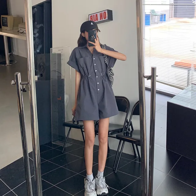 【D.studio】韓版收腰顯工裝套裝(連衣裙寬褲連身衣襯衫短袖上衣 工作服衣服工裝服夏天女裝短褲 S197)