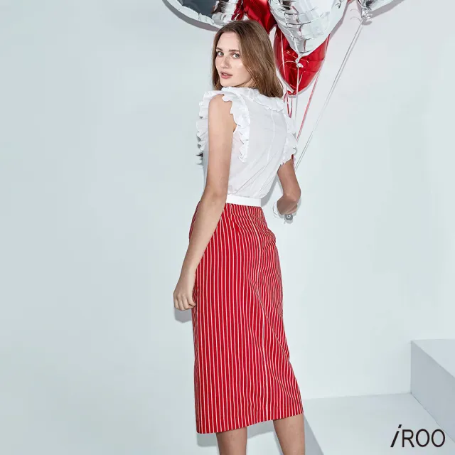 【iROO】條紋側開岔直筒中長裙