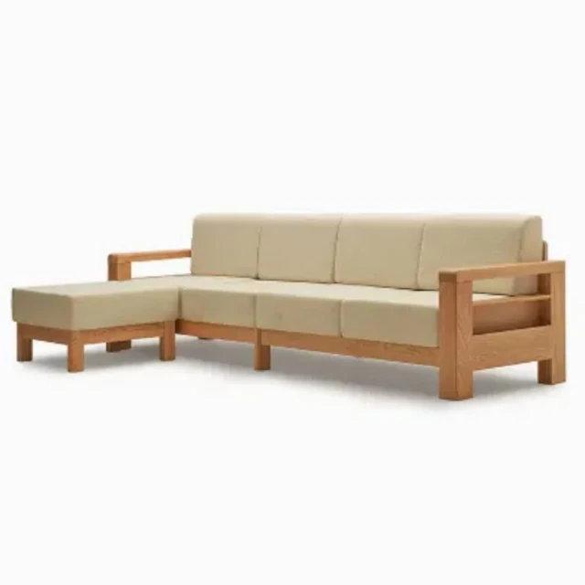 文創集 多優柚木色亞麻布L型實木沙發椅(四人座＋椅凳組合)優