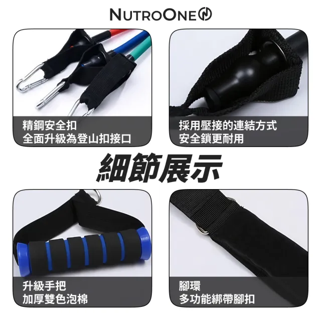 【NutroOne】多功能拉力繩 健身彈力繩 12件組(安全門叩 升級手把 一繩多用)