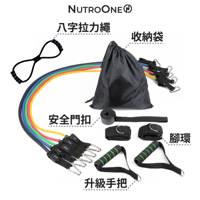 【NutroOne】多功能拉力繩 健身彈力繩 12件組(安全門叩 升級手把 一繩多用)