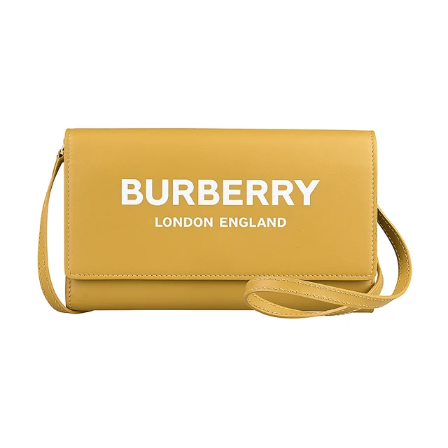 BURBERRY 巴寶莉 BURBERRY Hazelmere字母印花LOGO滑面牛皮吸釦式斜背長夾(芥末黃)