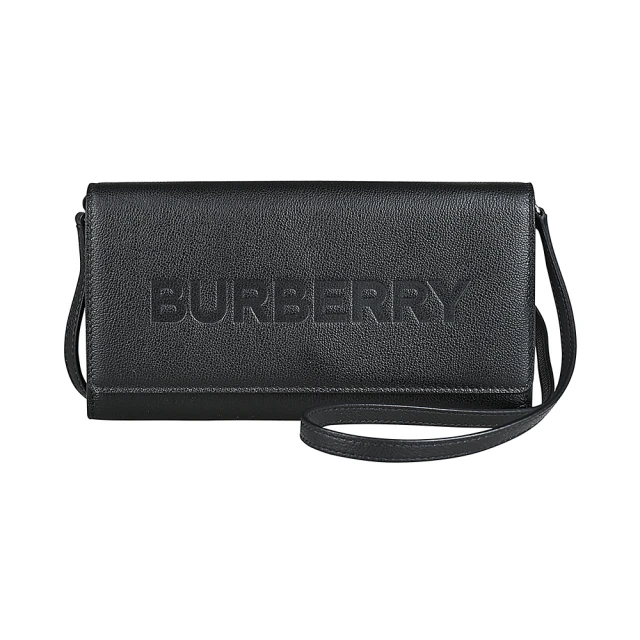 BURBERRY 巴寶莉 BURBERRY HENLEY字母LOGO粒面小牛皮10卡翻蓋吸釦式斜背長夾包(黑)