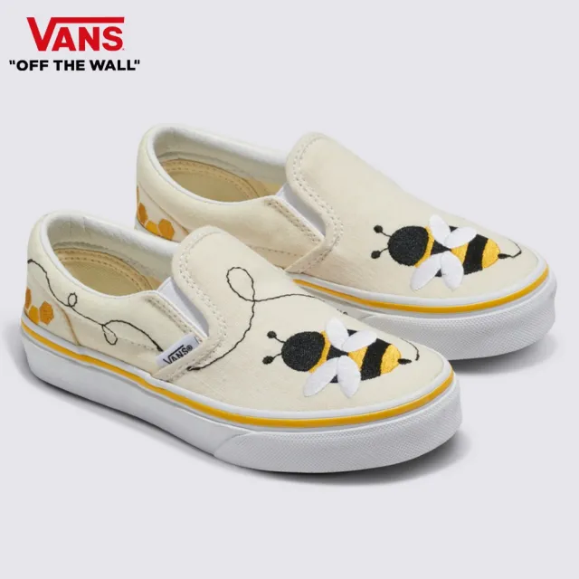 【VANS 官方旗艦】Classic Slip-On 中童款刺繡蜜蜂圖案米黃色滑板鞋/休閒鞋