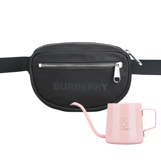 BURBERRY 巴寶莉 BURBERRY字母印花LOGO輕量尼龍拉鍊胸腰包(黑/粉色咖啡壺)