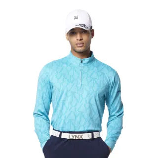 【Lynx Golf】男款吸濕排汗滿版創意線條組合Lynx字樣印花長袖立領POLO衫/高爾夫球衫(藍綠色)